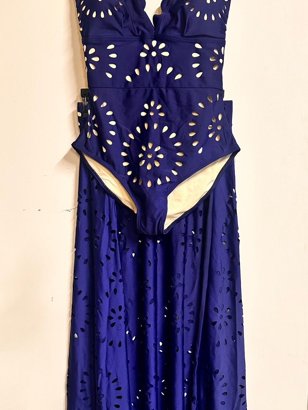 Navy Blue Laser-Cut Maxi Swim Dress with Spaghetti Straps - Picture 12 of 15
